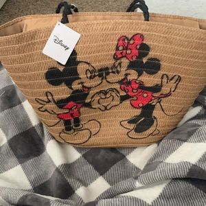 Disney, Mickey and Minnie Wicker, zipped, beach, bag, tote, beige NWT